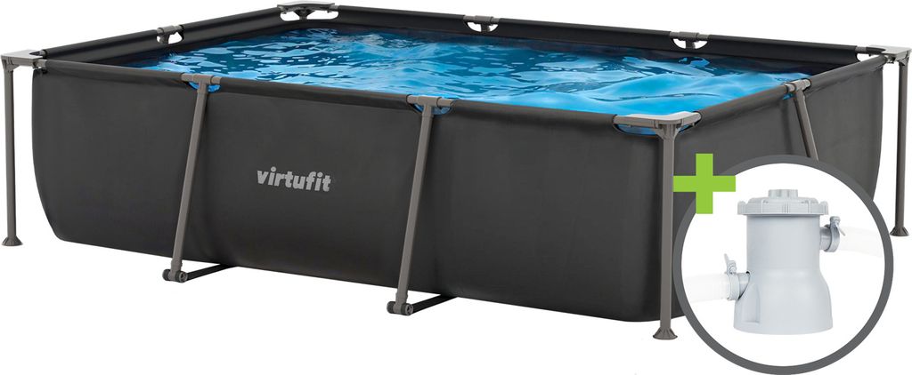 A rectangular above-ground swimming pool filled with blue water, with a filter pump shown in a circular inset on the right side.