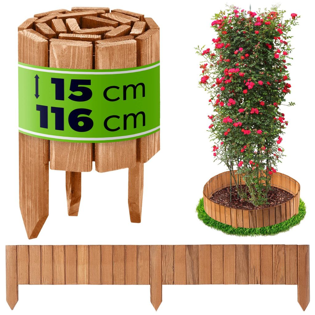 KADAX Rasenkante aus Holz, 116x15cm, Beeteinfassung, Beetumrandung, flexibler Holzzaun, Gartenzaun, Zaun für Garten, Beetbegrenzung (Hellbraun)