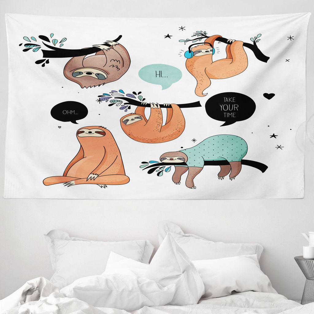ABAKUHAUS Tier Wandteppich, Lächeln Sloth Cartoon aus Weiches Mikrofaser Stoff Waschbar ohne Verblassen Digitaldruck, 230 x 140 cm, Mehrfarbig