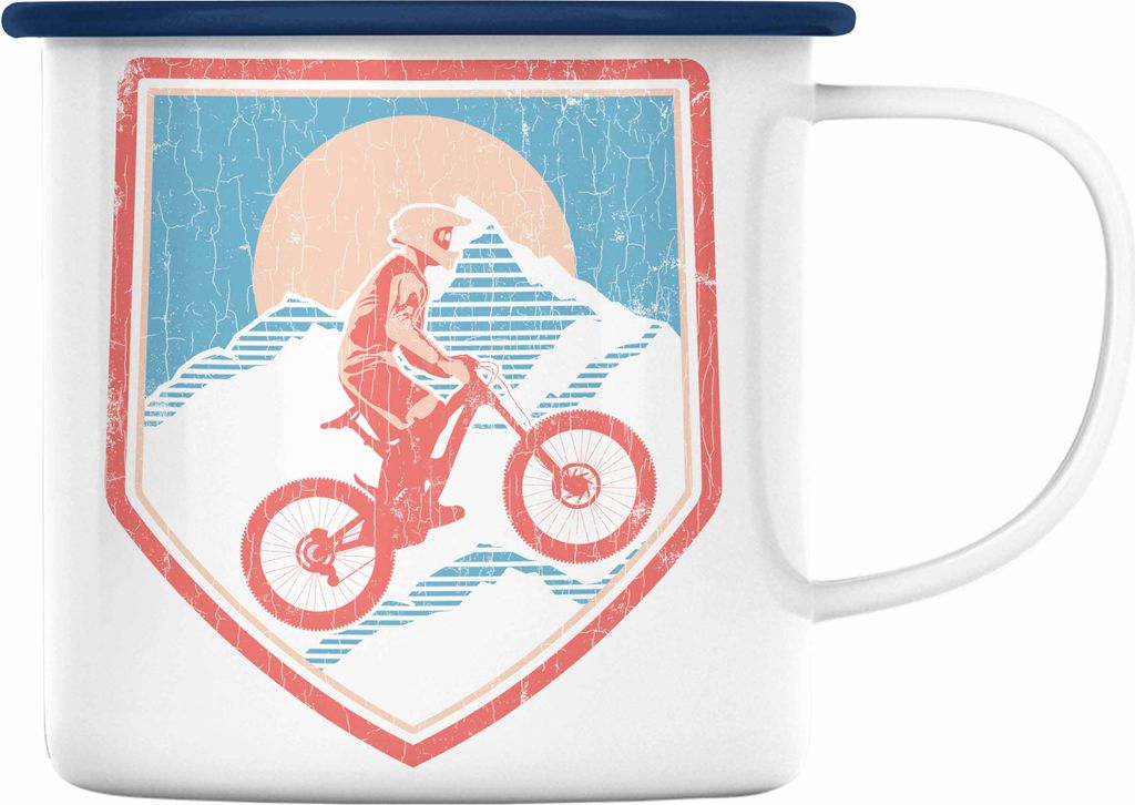 Trendation - Moutainbike Geschenk Emaille Tasse Mountainbiker Geschenkidee Kinder Emaille Emaille Tasse Männer Accessories Grafik MTB Grafiken (Blau)