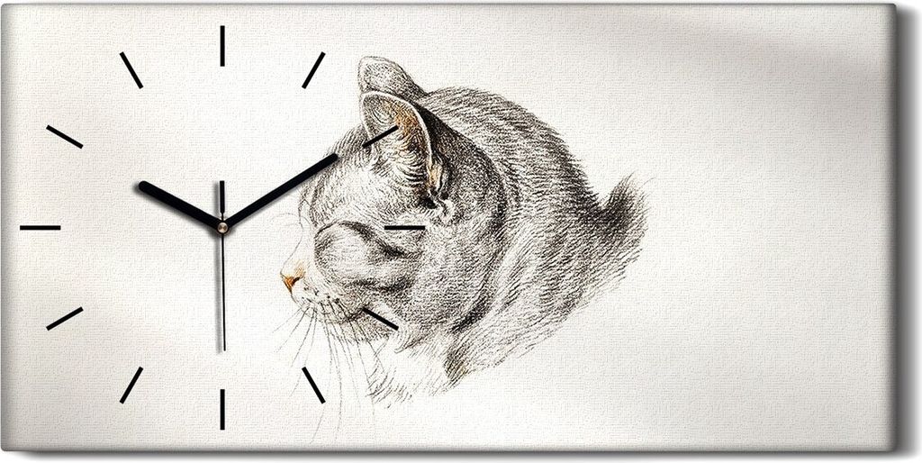 Wandbild Leinwand Bilder mit Uhr Geräuschlos 60x30 Zeichnung Tier Katze Kunst - schwarze Hände