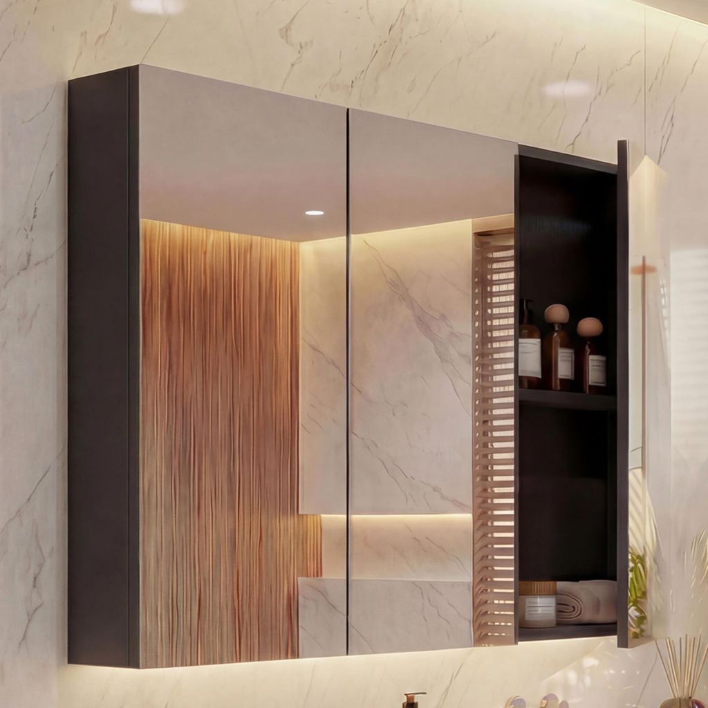 Spiegelschrank MCW-B19b, Badschrank Hängeschrank, 6 Regalböden hochglanz MVG- 70x80x16cm schwarz