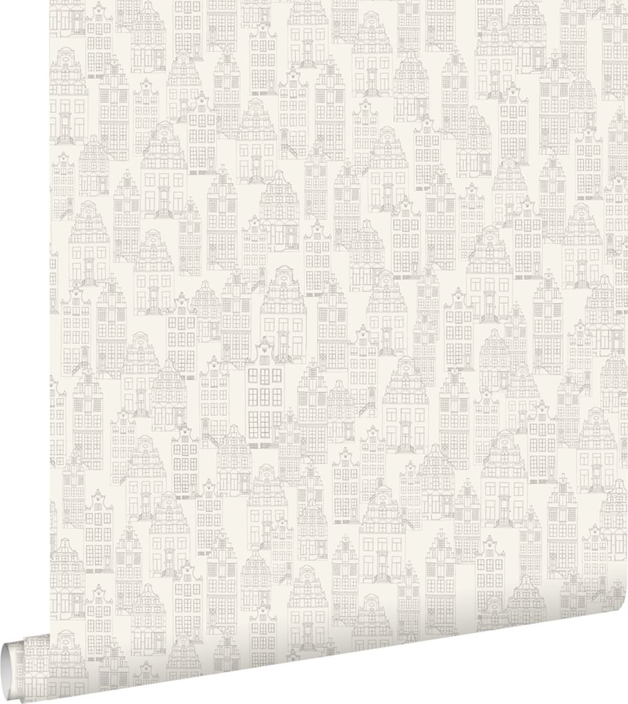 ESTAhome Tapete Amsterdamer Grachtenhäuser Silber 53 cm x 10.05 m