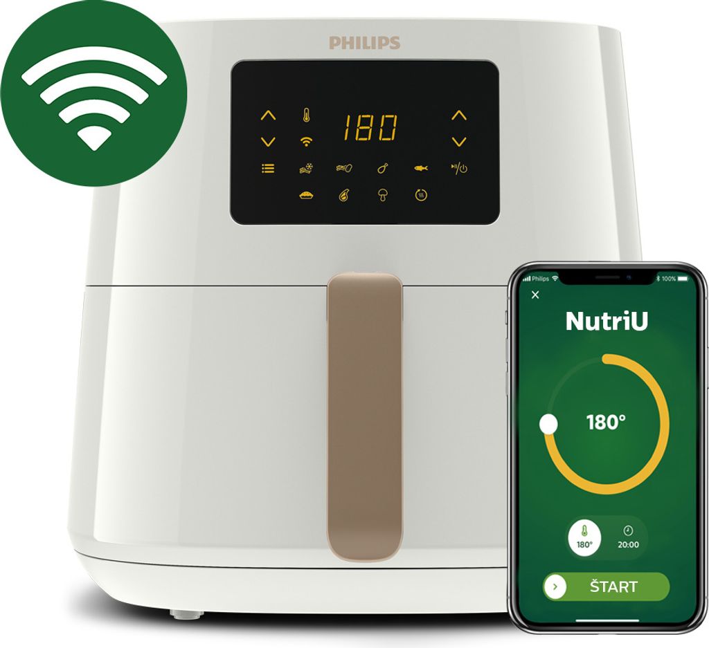 A Philips air fryer is shown next to a smartphone displaying the NutriU app.