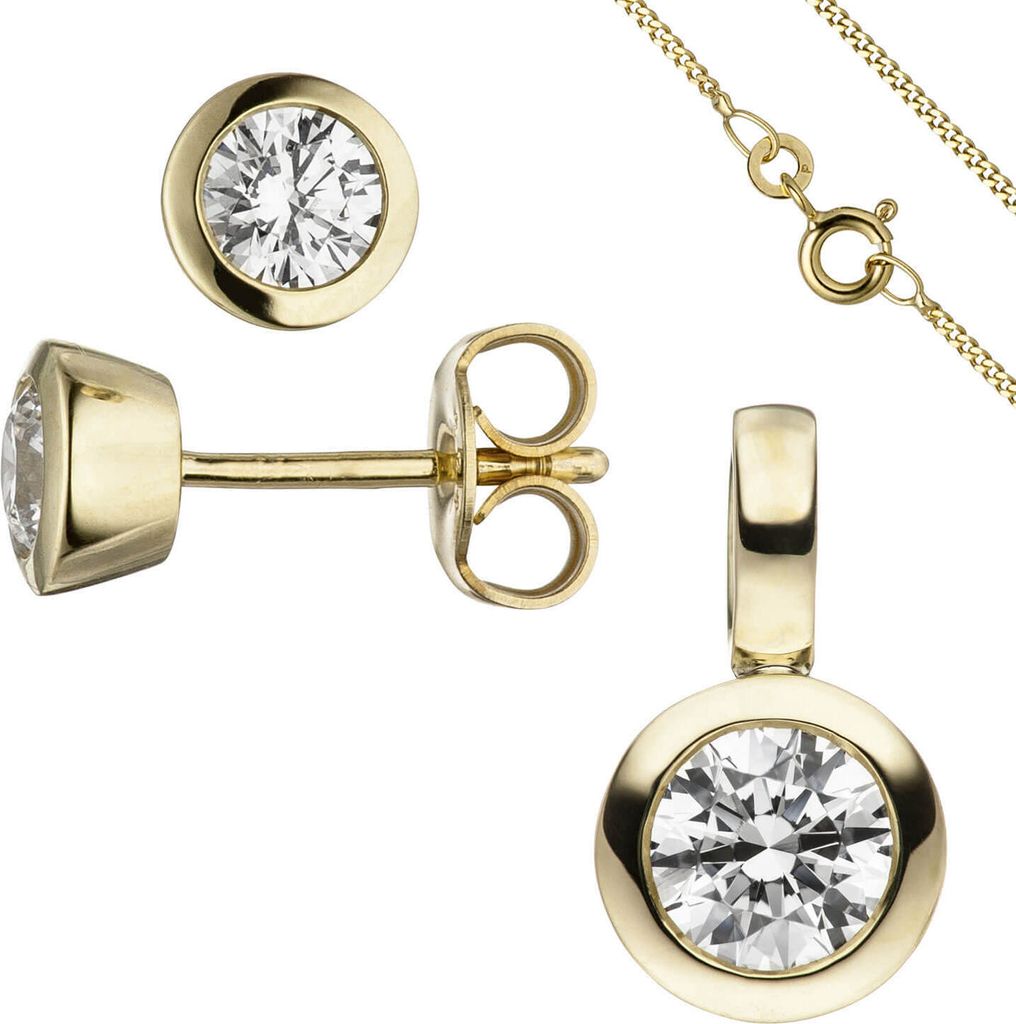 Solitär Schmuck-Set 333 Gold Gelbgold 3 Zirkonia Ohrhänger Anhänger Kette 45cm
