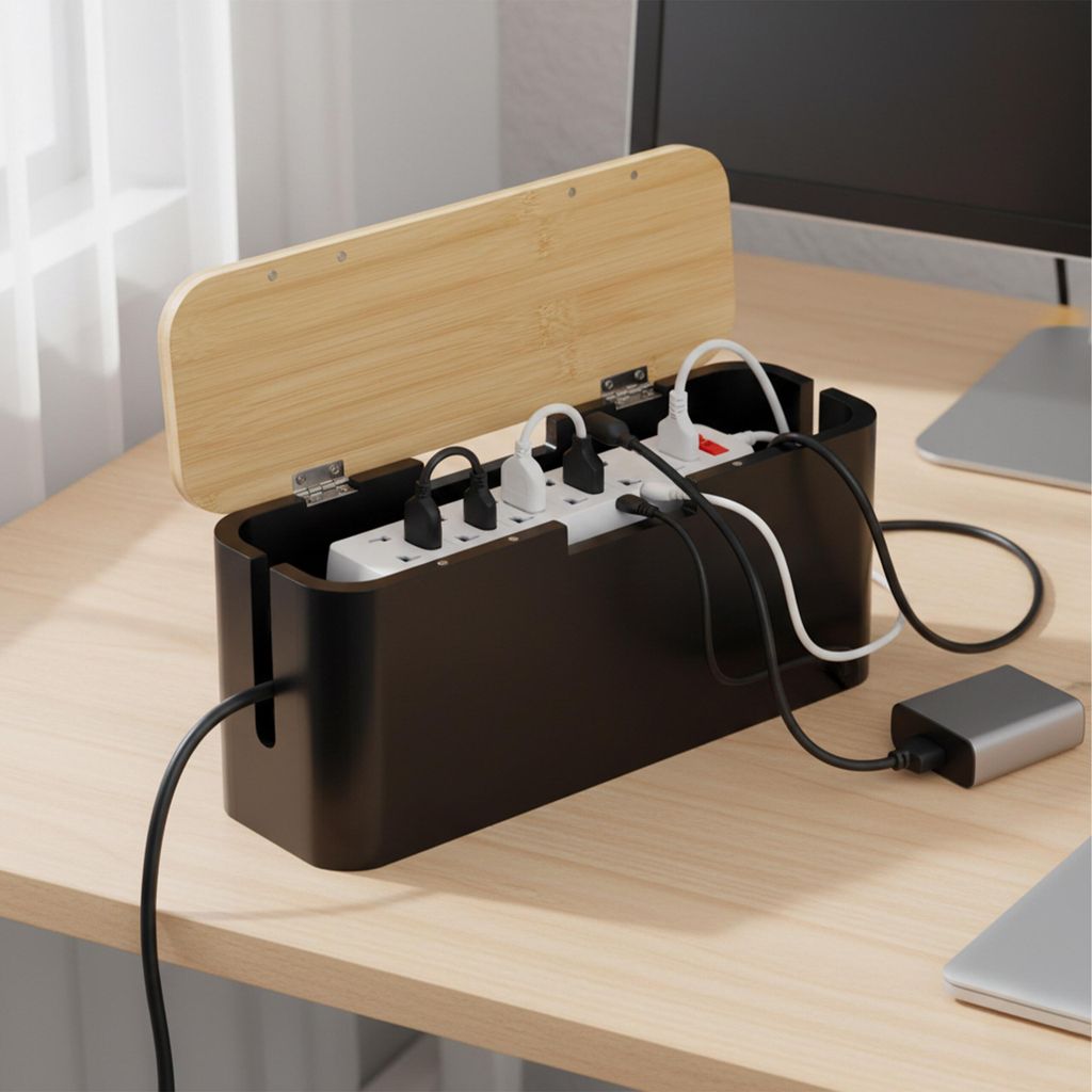 Relaxdays Kabelbox für Steckdosenleiste, Bambus, Deckel