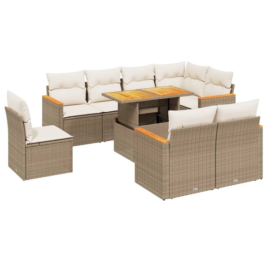 9-tlg. Garten-Sofagarnitur mit Kissen Beige Poly Rattan