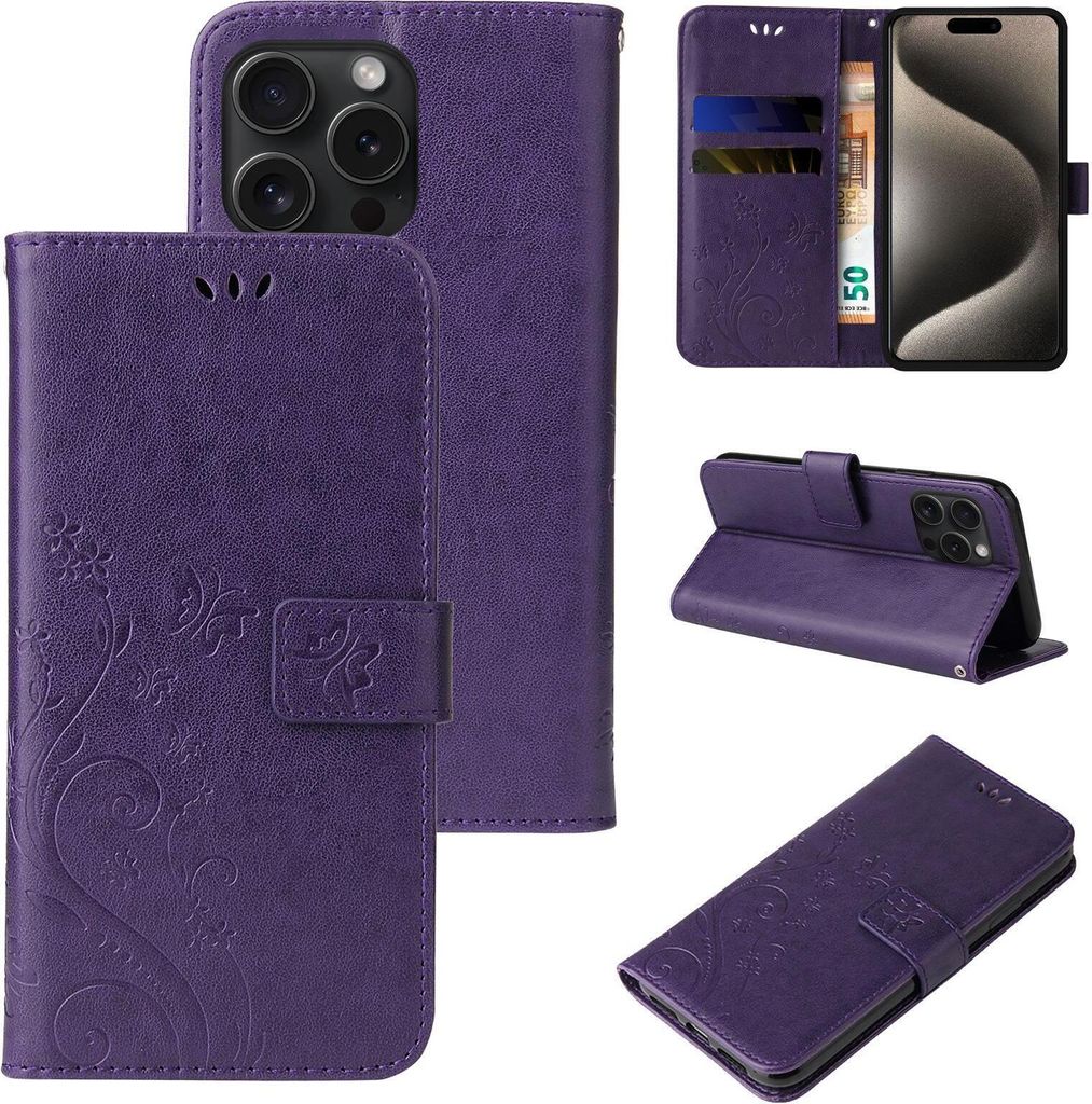 Handyhülle für Apple iPhone 16 Pro Floral Blumen Schmetterling Flip Cover Hülle Case Klapphülle Handytasche Farbe: Violett
