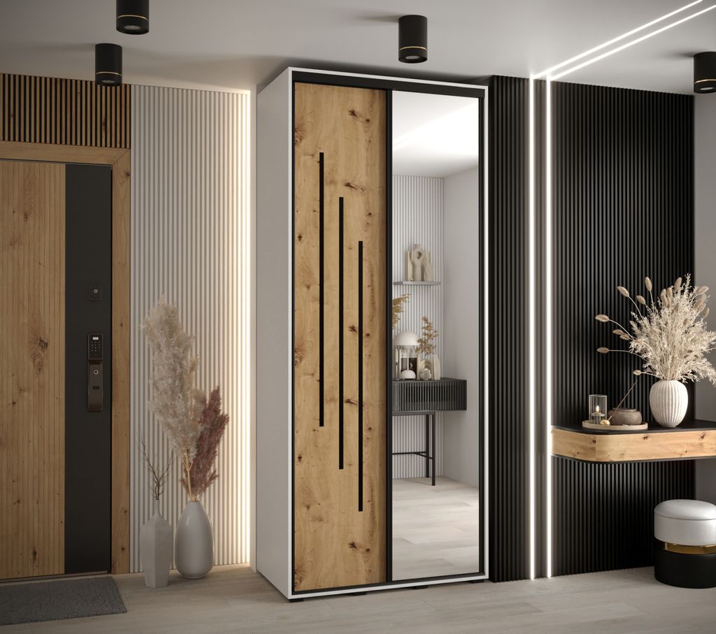 Kleiderschrank ASIRI 9 - 100/45 cm, weiß / Eiche handwerklich / schwarz