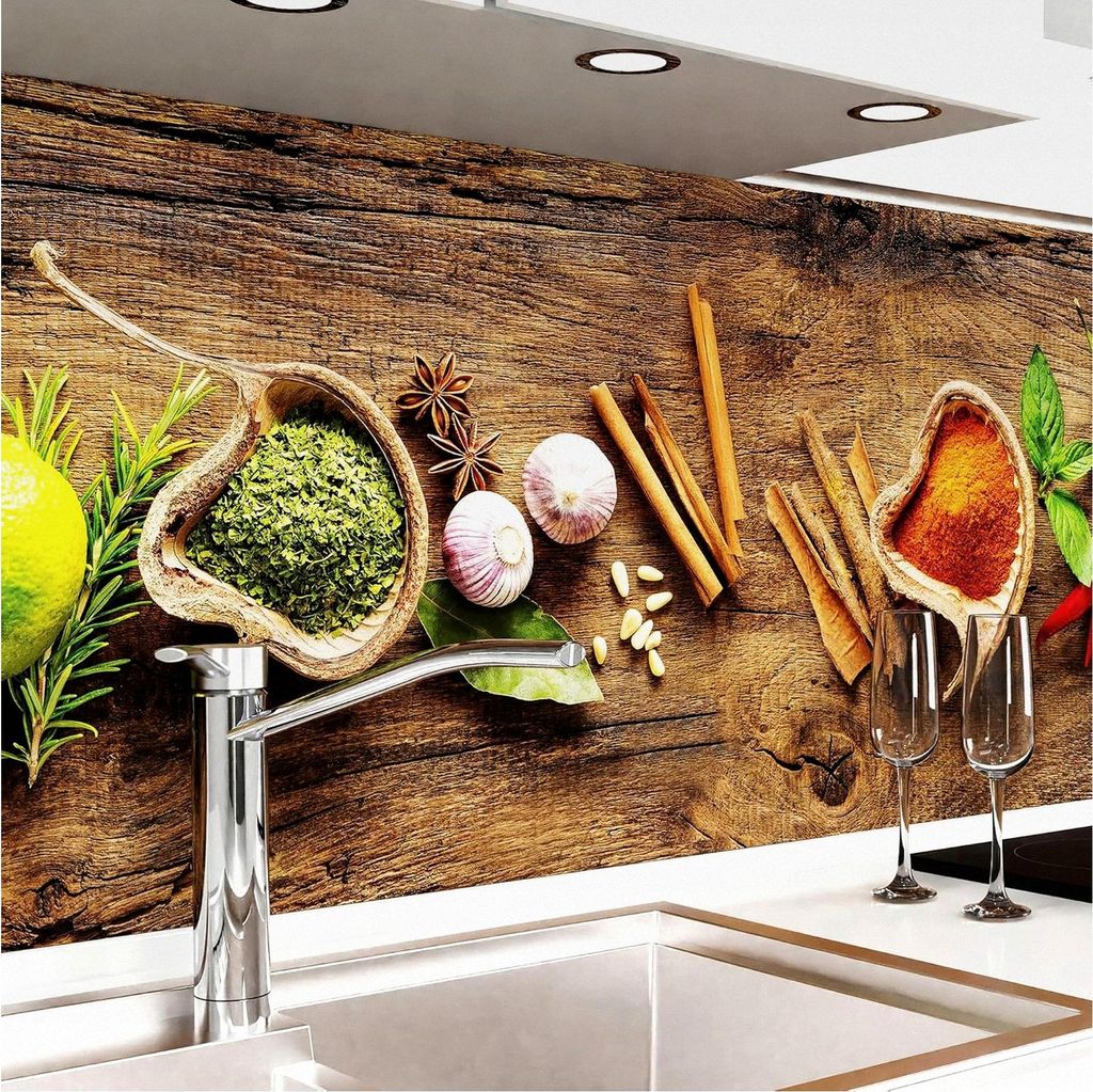 Selbstklebende Küchenrückwand - Matt - Spritzschutz für die Küche - verstärkte PET-Folie - 0,4 mm - Gewürze auf Holz - Materialmuster A4