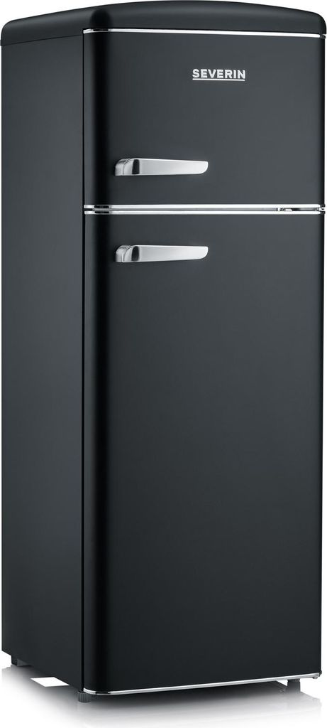 A black retro-style refrigerator.