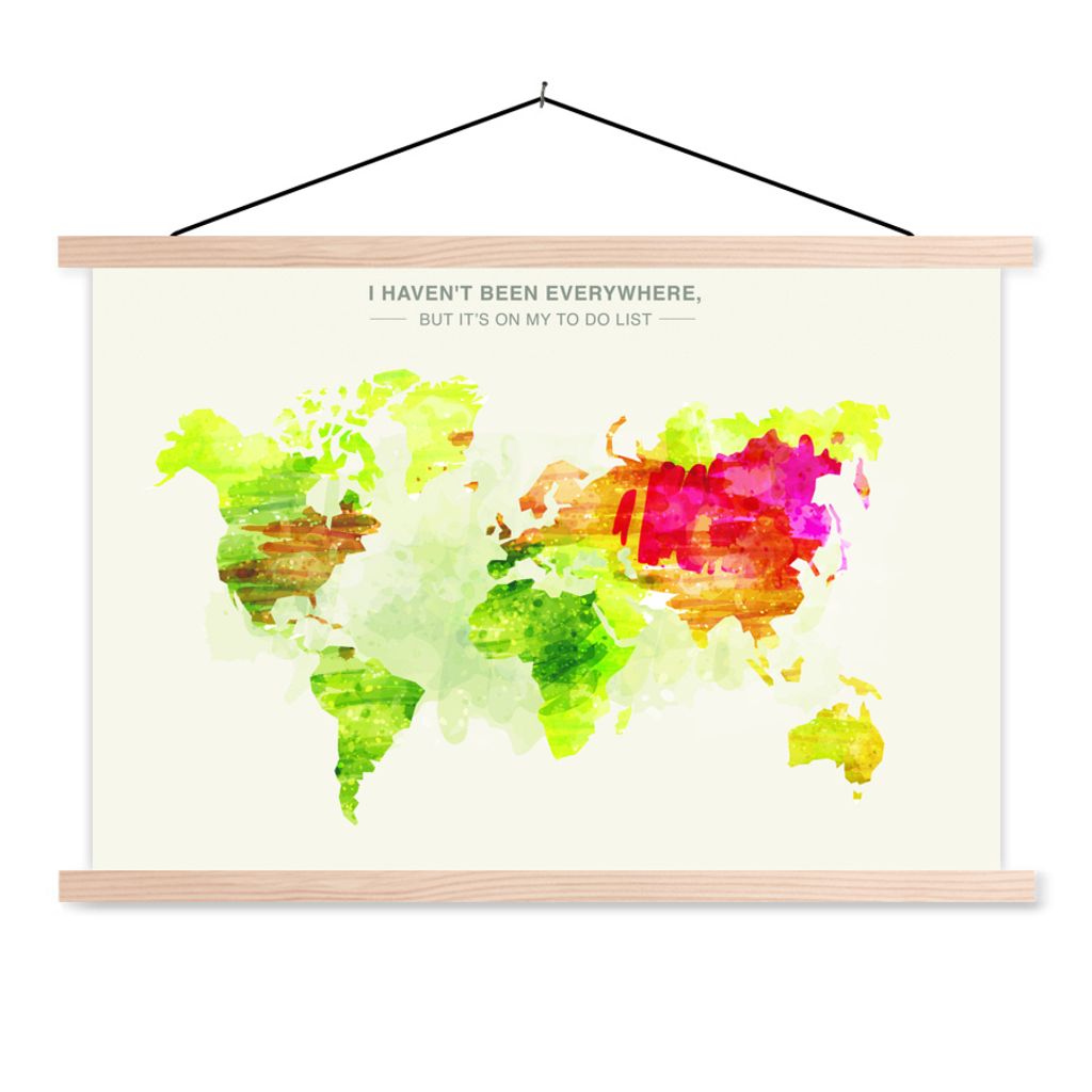 MuchoWow Textilposter Weltkarte - Farben - Farbe 120x80 cm mit holzfarbenen Rahmen - Aufhängeset