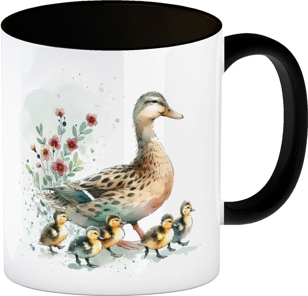 Ente mit Küken Kaffeebecher in schwarz