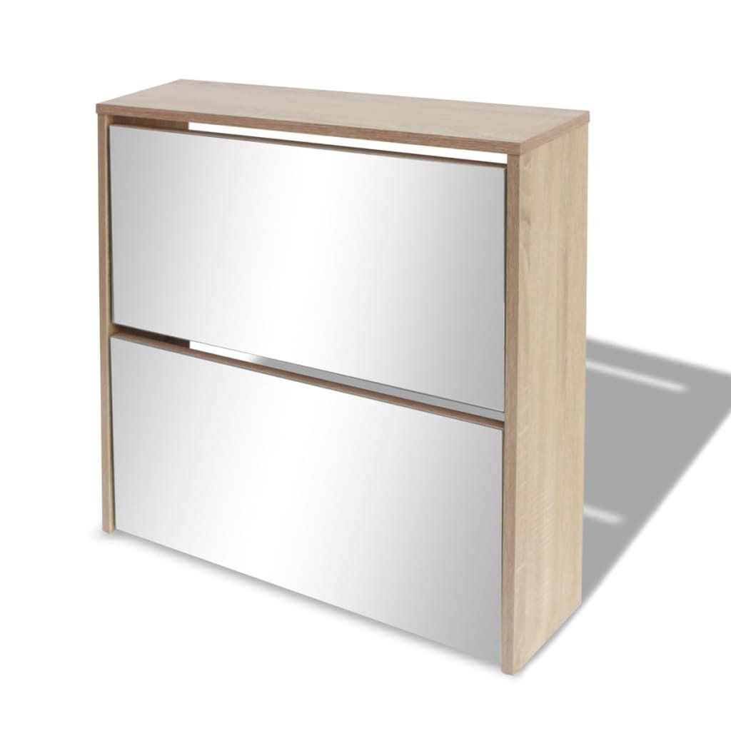 Möbel Schuhschrank/Flurschuhregal Skandinavisch - Schuhkommode - mit 2 Fächern Spiegel Eiche-Optik 63x17x67 cm Top2970846