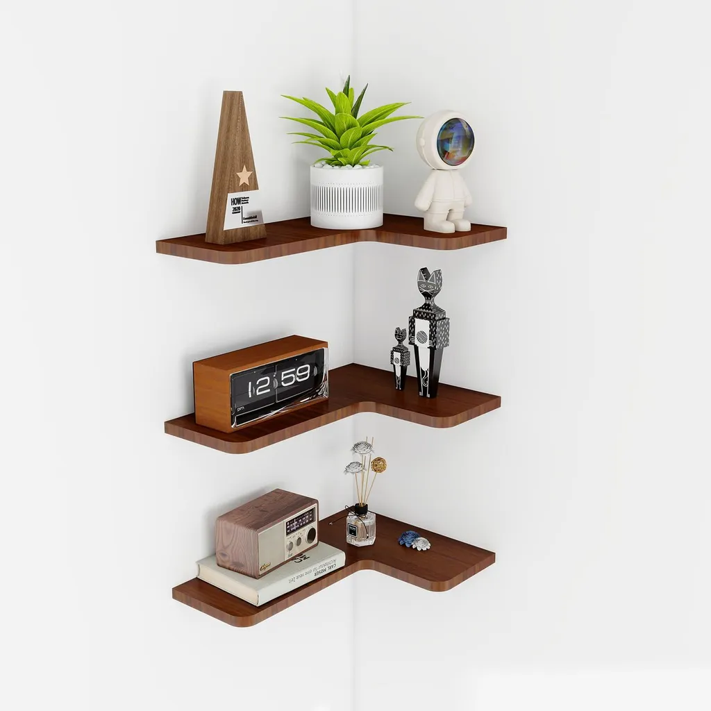 Lot de 3 Étagères d'Angle Suspendues en Bois Flottant, Modèle L-Noir