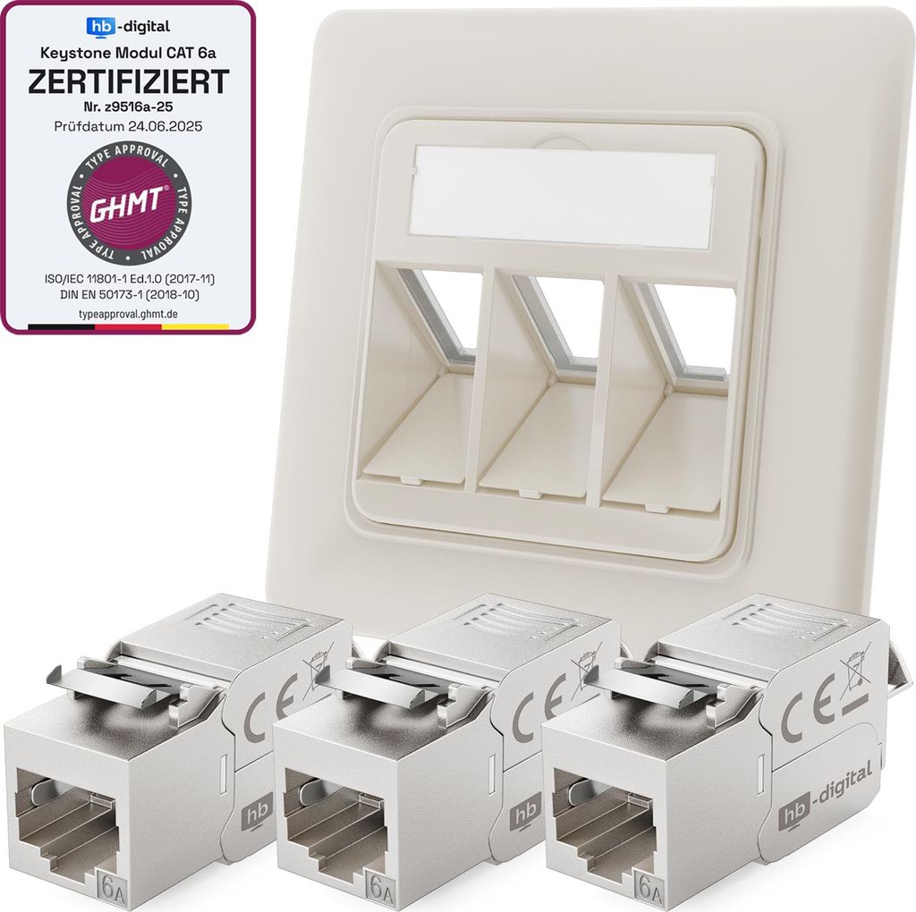 hb-digital Netzwerkdose 3 Port mit 3 x Keystone Modul CAT 6a RJ45 Unterputz RAL9010