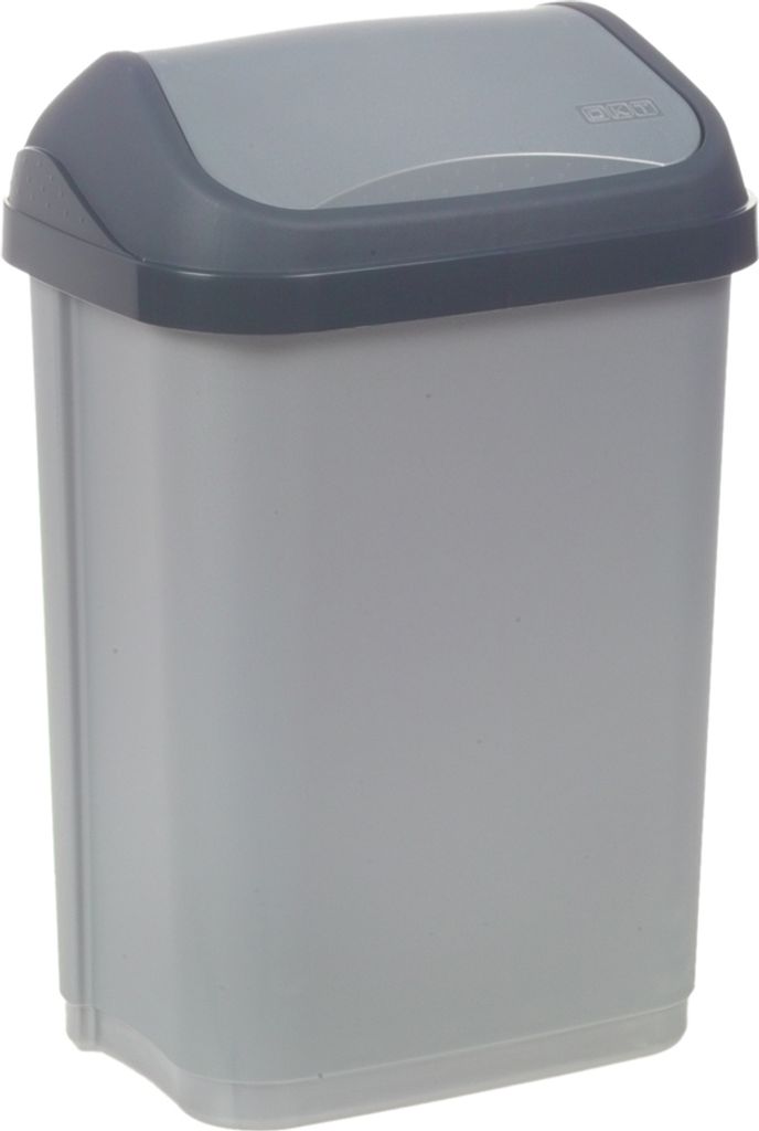 A light gray trash can with a dark gray lid, shown against a white background.
