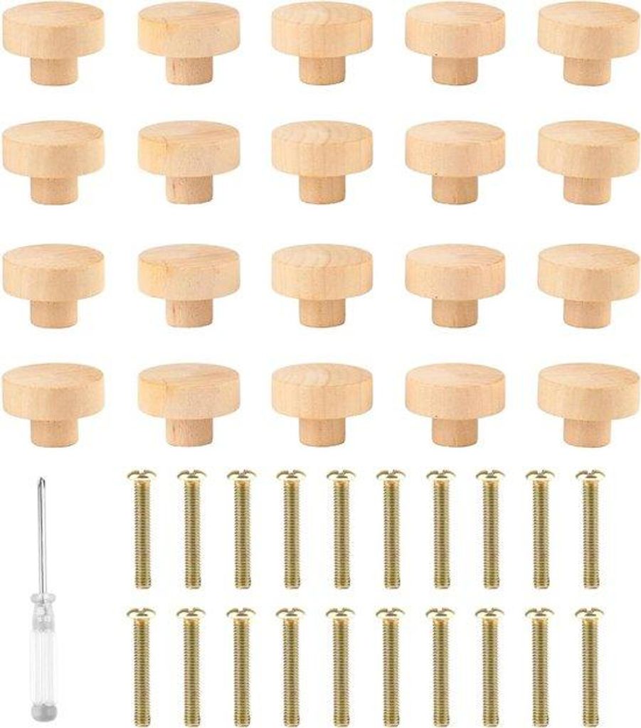 Holzknöpfe für kleine Türen - 20 Stück für Schubladen - Holzköpfe mit Schraube und Schraubendreher - runde Möbelgriffe für Schränke, Schuh...