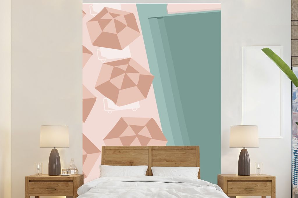 MuchoWow Fototapete für Wohnzimmer oder Schlafzimmer Wandtapete Vinyl Motivtapete Sommer - Strandstühle - Sonnenschirme - 155x240 cm - Tapete