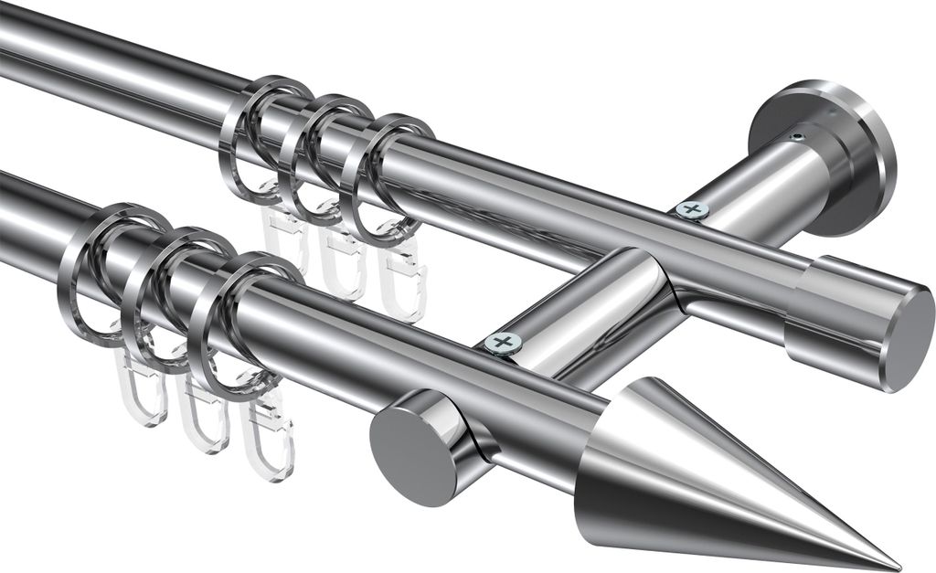 Interdeco Gardinenstange / Vorhangstange Chrom, Typ Platon Savio (Kegel), 20 mm Ø 2-läufig, 540 cm