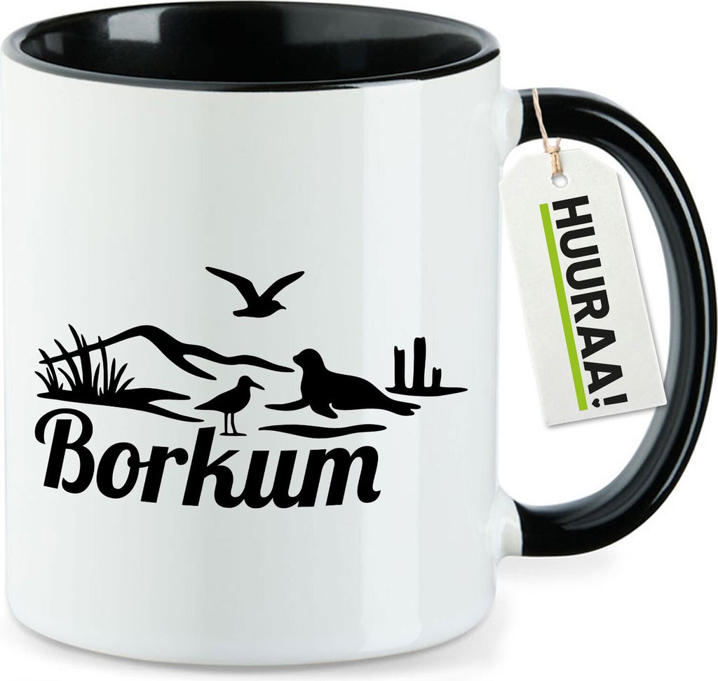 Huuraa Kaffeetasse Borkum Strandmotiv 330ml Schwarz Keramik Kaffeebecher Geschenkidee