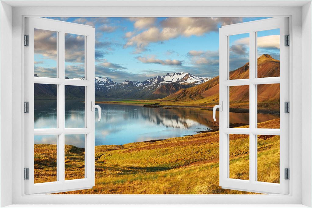 Wallario Wandbild aus Acryl, 60 x 90 cm, freischwebende Optik - Bergpanorama mit Spiegelung im See mit Fenster-Illusion