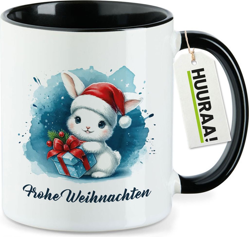 Huuraa Kaffeetasse Süßer Hase Frohe Weihnachten 330ml Schwarz Keramik Kaffeebecher Geschenkidee