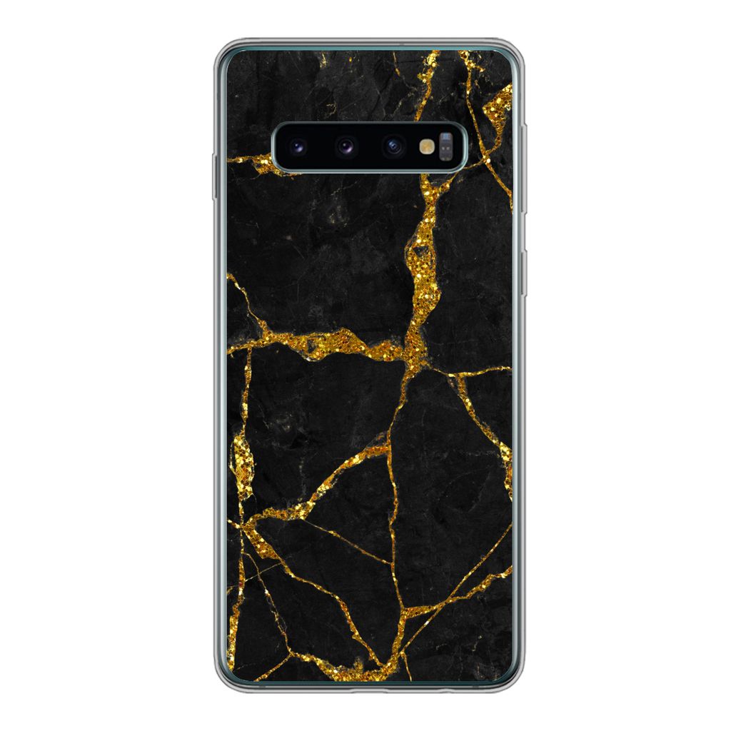 MuchoWow Handyhülle Schutzhülle Hülle für Samsung Galaxy S10 Marmor - Gold - Schwarz - Marmoroptik - Glitter Silikon Softcase Handy Hülle - ...