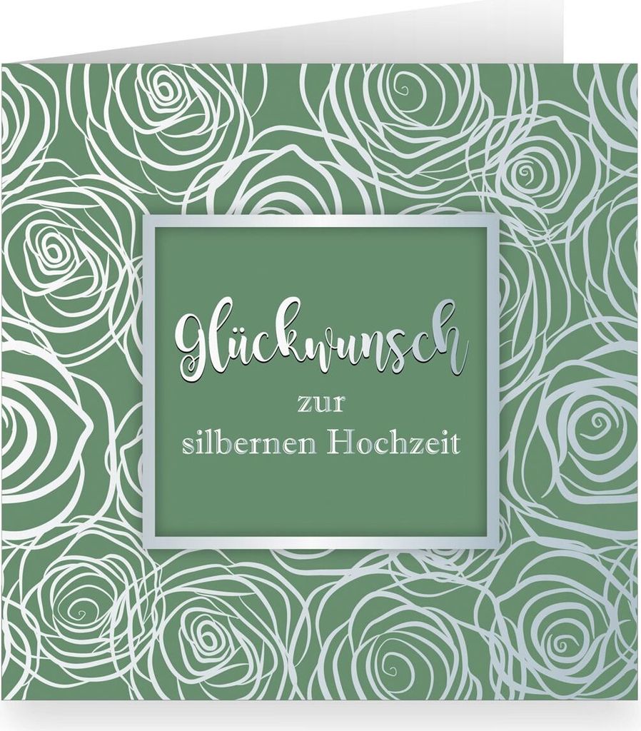 Elegante grüne Rosen Blüten Grußkarte modern üppig in Silber Optik innen weiß: Glückwunsch zur silbernen Hochzeit