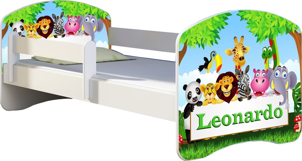 ACMA Jugendbett Kinderbett Junior-Bett Komplett-Set mit Matratze Lattenrost und Rausfallschutz Weiß 01 Zoo Name 160x80