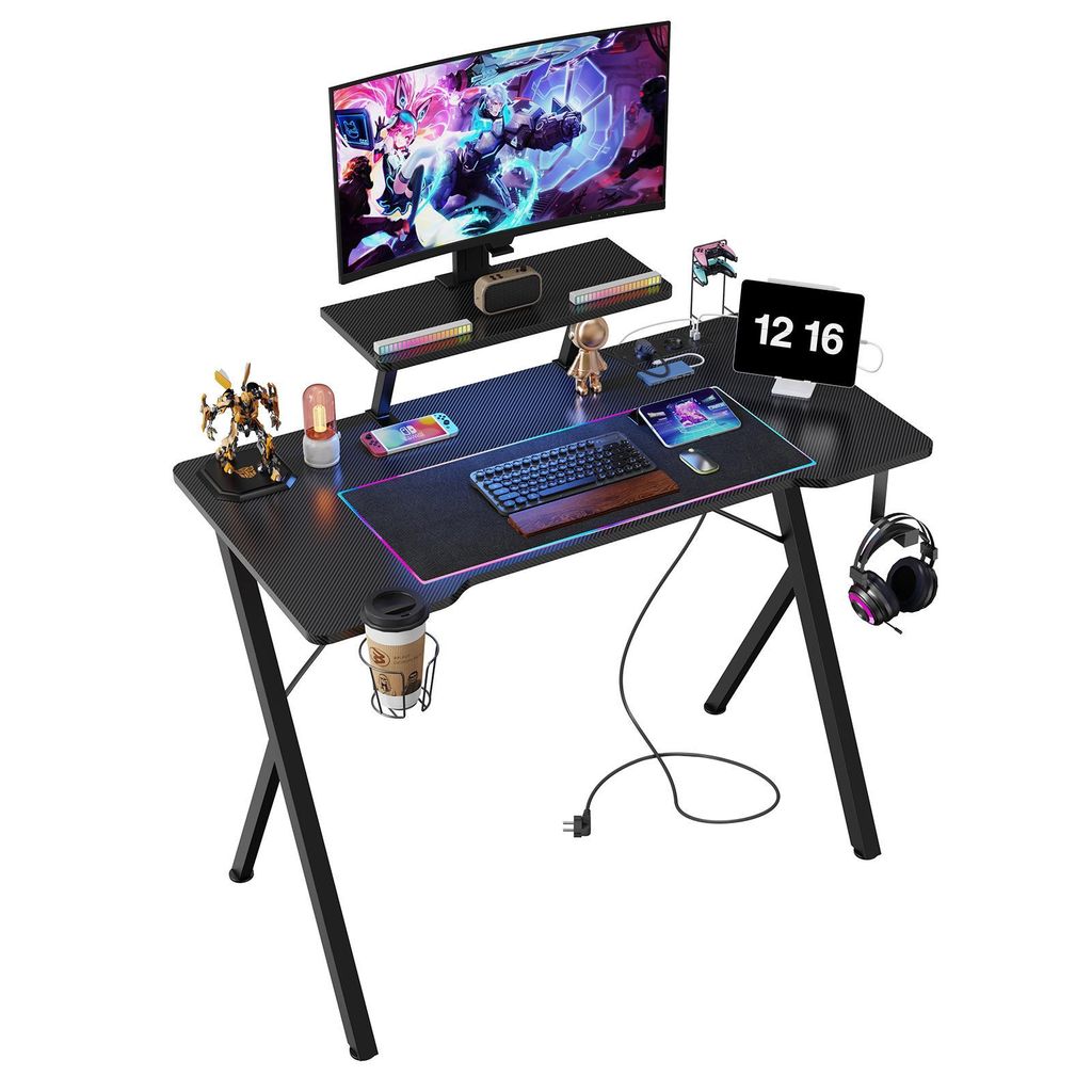 K -Typ Gaming Tisch mit LED & Steckdosen,Computertisch mit Monitorständer,Ergonomischer Schreibtisch PC Tisch für Schlafzimmer Büro 100x50x77cm