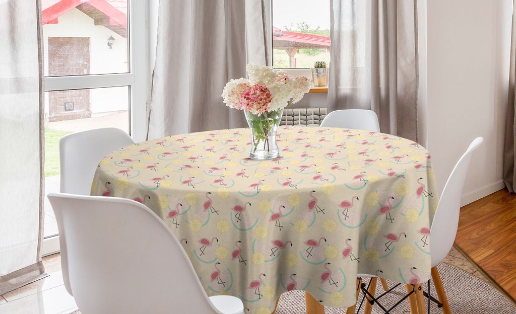 ABAKUHAUS Flamingo Runde Tischdecke, Exotische Tiere und Früchte, Kreis Tischdecke Abdeckung für Esszimmer Küche Dekoration, 150 cm, Champagne u...