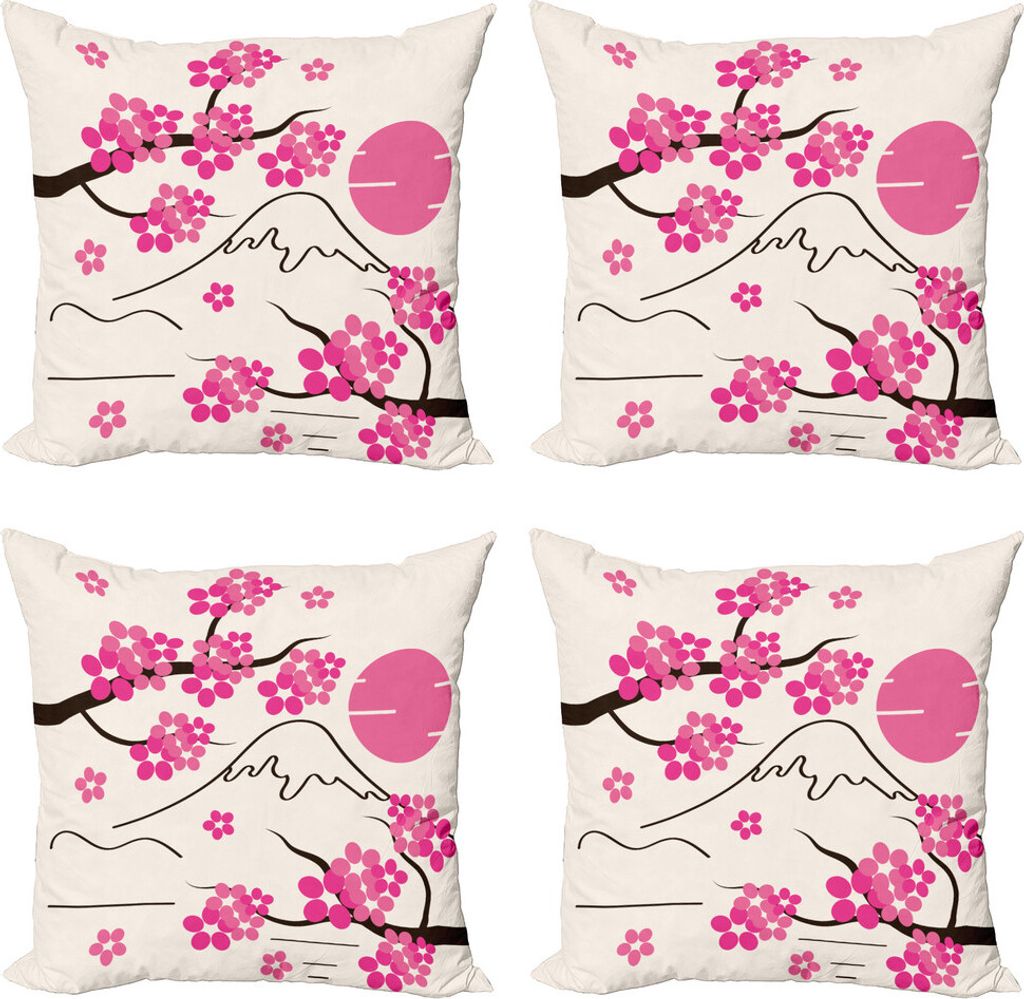 ABAKUHAUS rosa Blumen Kissenbezug Set (4 Stück), Japan Sakura und Hill, Moderner Doppelseitiger Digitaldruck, 40 cm x 40 cm, Aus Weiß Rosa