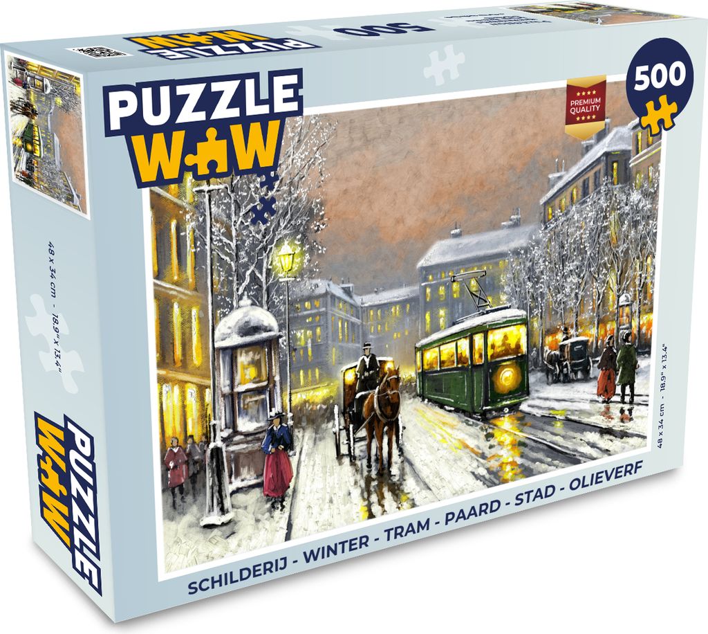 MuchoWow Puzzle 500 Teile Gemälde - Winter - Straßenbahn - Pferd - Stadt - Öl - 500 Teile - Kinder - Selberbauen - Puzzlespiele