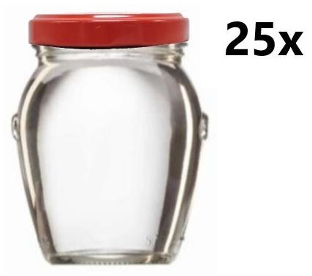 A clear glass jar with a red lid, shown in isolation against a white background. The number '25x' is displayed in the upper right corner.