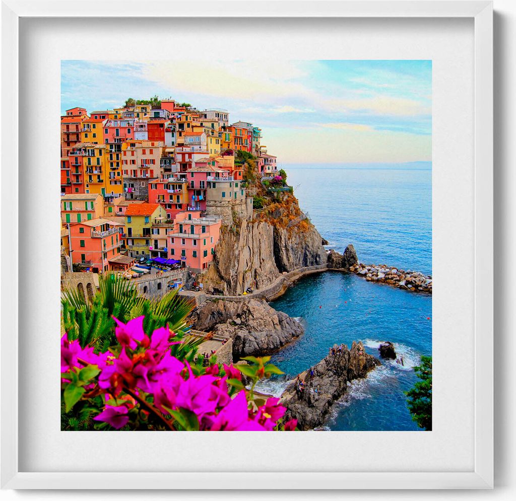 Blumen und die Küstenlinie der Cinque Terre - Italien– Wandbild mit Rahmen – Gerahmtes Bild – Wanddekoration – 50x50 cm – Weiß Rahmen