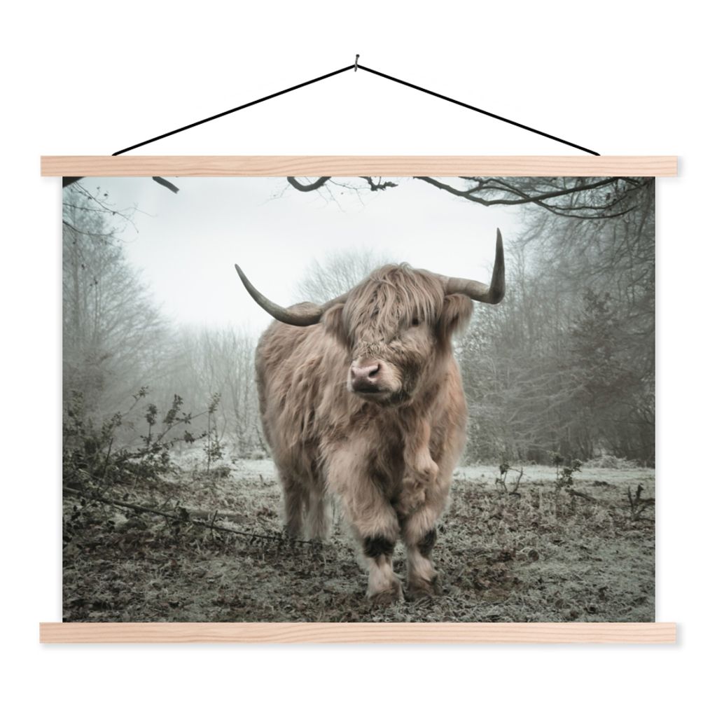 MuchoWow Textilposter Schottische Highlander - Natur - Herbst - Tiere - Wildtiere - Wald 60x45 cm mit holzfarbenen Rahmen - Bild