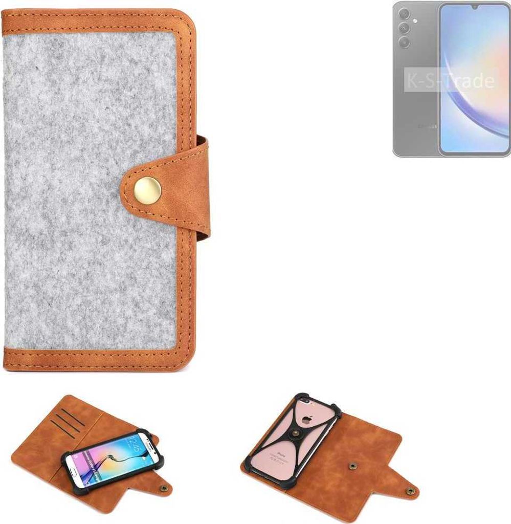 K-S-Trade Handyhülle kompatibel mit Samsung Galaxy A34 5G Schutzhülle Filz-Hülle Kunst-Leder hellgrau braun (1x)