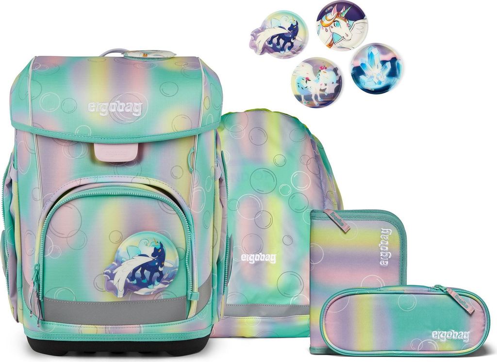 A set of school bags and accessories with a pastel rainbow and bubble pattern.