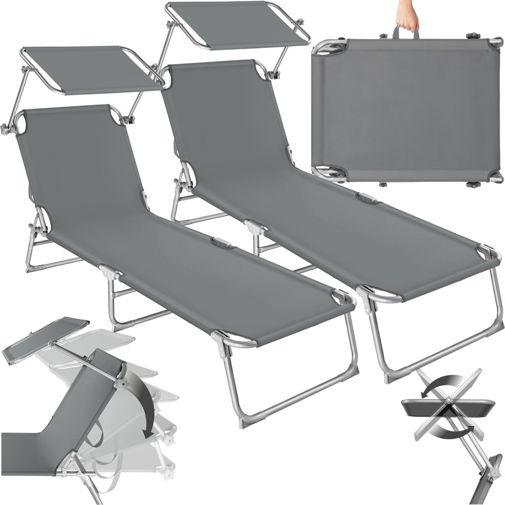 A collage of images showing two gray folding sun loungers with canopies, one folded into a carrying case, and diagrams illustrating folding and adjustment.