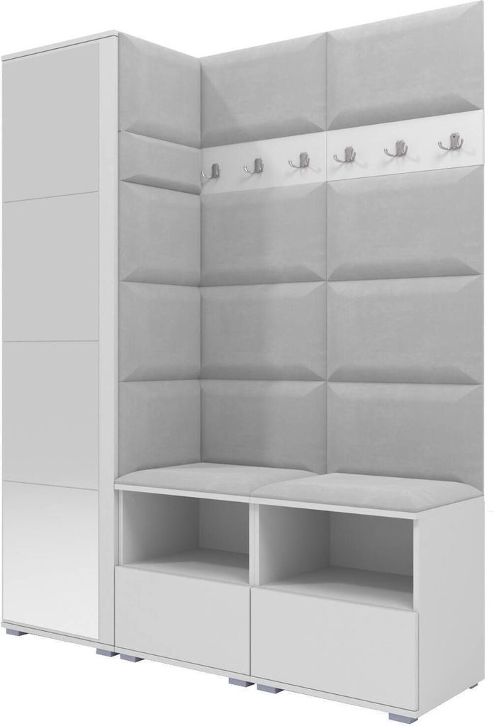 A white and light gray corner wardrobe set with a bench, shoe cabinets, and coat hooks, displayed against a white background.