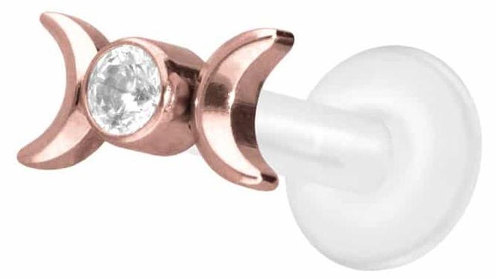 Ohrpiercing, Nasenpiercing PTFE Labret mit Innengewinde + Titan-Aufsatz 2 MONDE + KRISTALL RoséGold Stablänge: 6mm | Stabstärke: 1,6mm