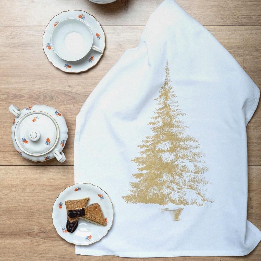 Geschirrtuch weiss, WEIHNACHTSBAUM, gold
