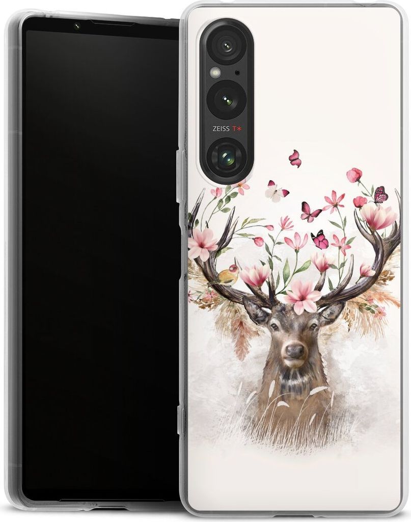 DeinDesign Handyhülle für Sony Xperia 1 V Silikon Hülle Case Smartphone Schutzhülle Blumen Hirsch Tiere