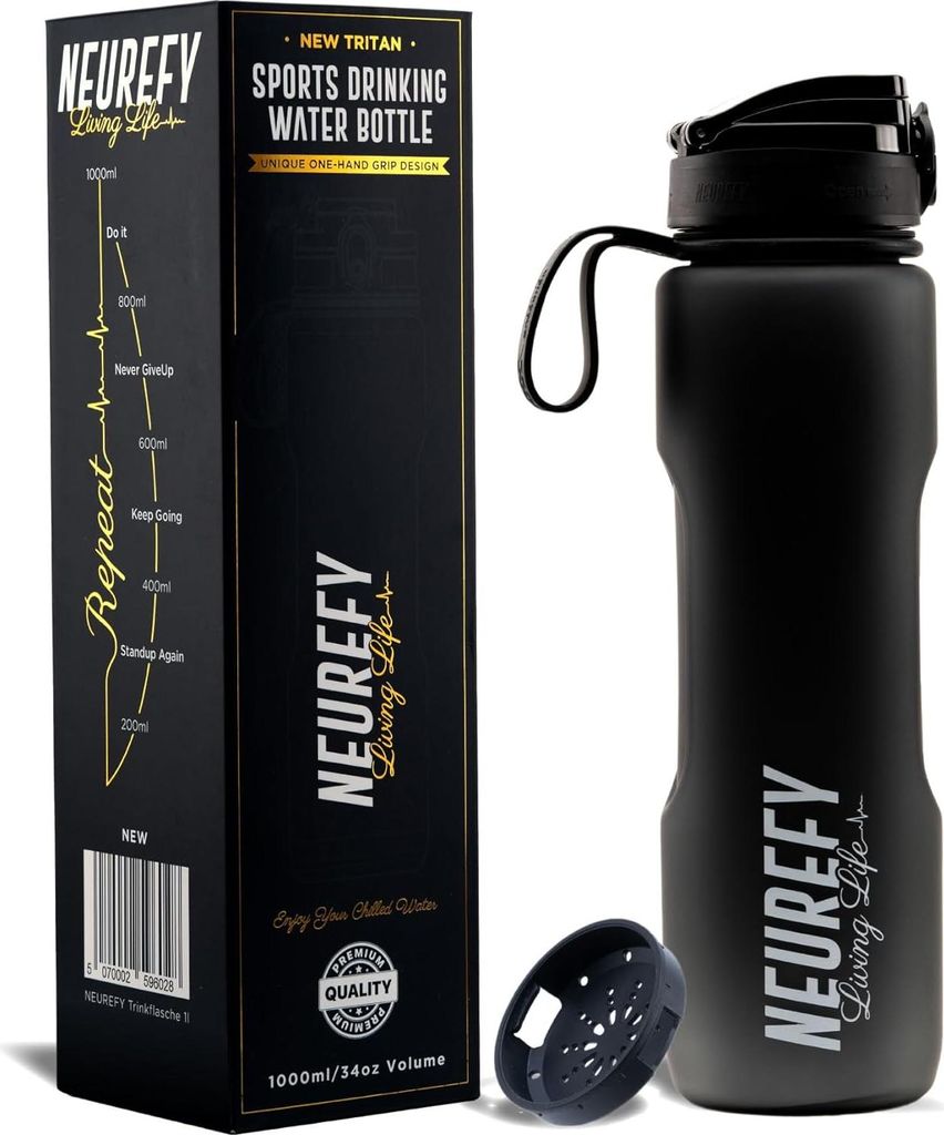 NEUREFY Trinkflasche 1L Tritan Matt Schwarz - Auslaufsicher, Grifffest, BPA-frei Sportflasche mit Anzeige Trinkmenge & Sieb Fitnessstudio Gym