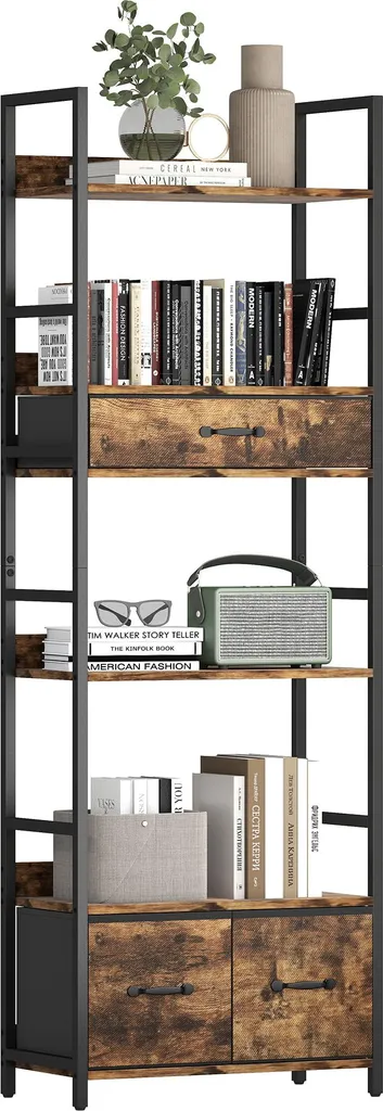 Bibliothèque Brun Rustique 6 Niveaux Métal et Tiroirs Amovibles Gris
