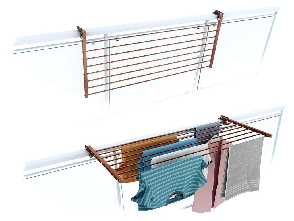 A product image showing a drying rack for laundry, both empty and with clothes on it, mounted on a railing.