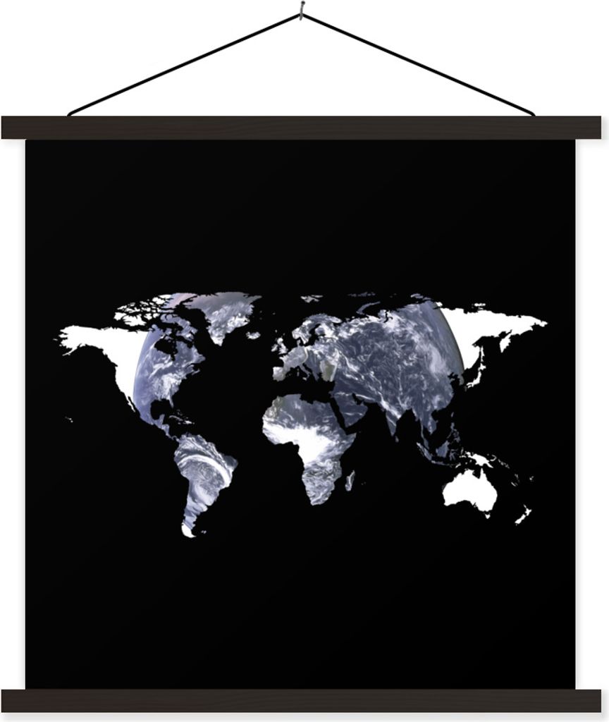 MuchoWow Textilposter Weltkarte - Schwarz - Globus 90x90 cm mit schwarzem Rahmen - Magnetisches