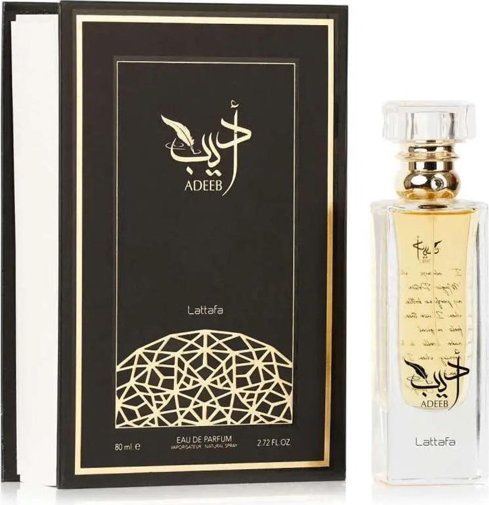 A perfume bottle and its packaging are displayed against a white background.