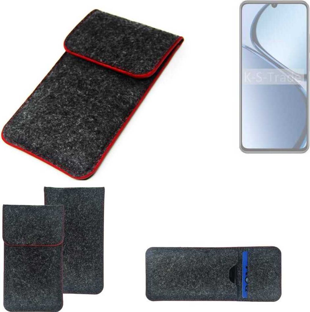 K-S-Trade Handy Schutz Hülle kompatibel mit Realme C63 Schutzhülle Handyhülle Filztasche Pouch Tasche Case Sleeve Filzhülle dunkelgrau roter Rand